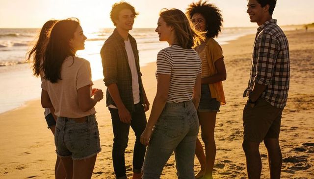Friends chatting on beach at sunset holding cup casual summer gathering golden hour