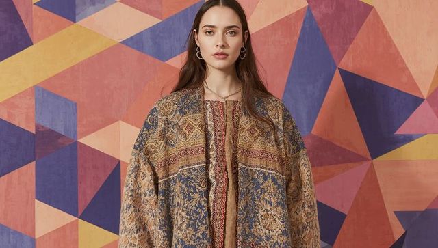 Standing model wearing bohemian tapestry coat and embroidered tunic with geometric backdrop