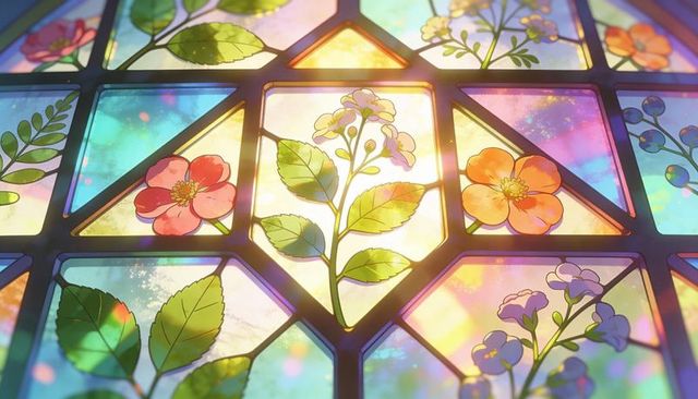Glowing floral stained glass diamond pane casting sunlit pastel sparkles