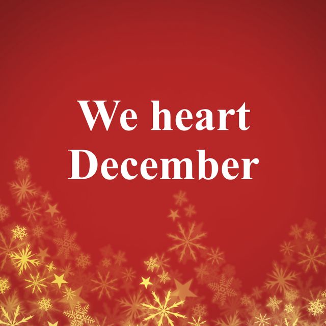 We heart december text in white with gold christmas snowflakes on red background. Celebration of winter, seasonal greeting and christmas traditions, digitally generated image.