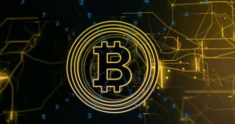 Pulsing gold bitcoin symbol rotating in concentric rings on futuristic digital network