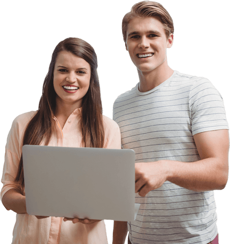 Smiling young adults collaborating over laptop on transparent background