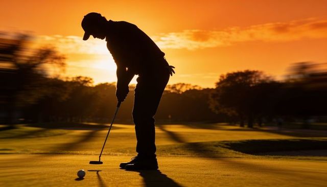 Golfer putting on sunset green silhouette rimlight golden hour focused stroke