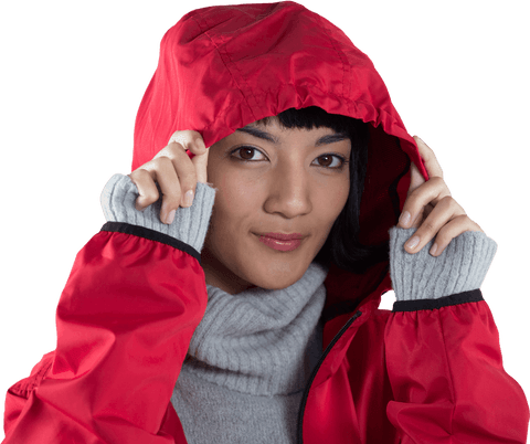 smiling woman wearing red hooded jacket with transparency - Download Free Stock Videos Pikwizard.com