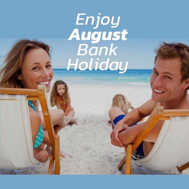 Enjoy august bank holiday text banner over caucasian sitting on a beach chairs smiling at the beach. august bank holiday awareness concept