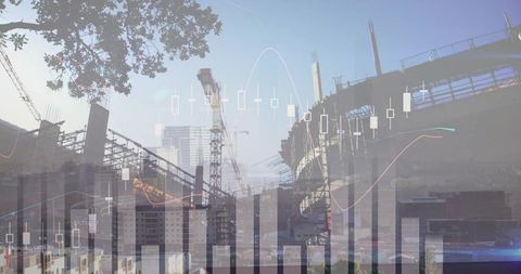 Urban Construction with Financial Chart Overlay in Cityscape