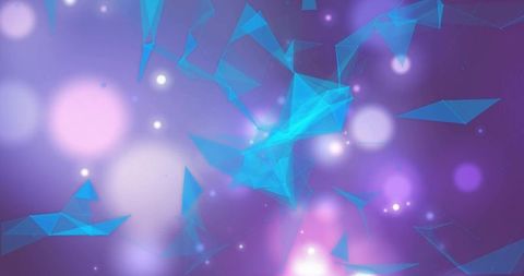 Floating cyan low-poly mesh over violet bokeh glow with geometric wireframe points