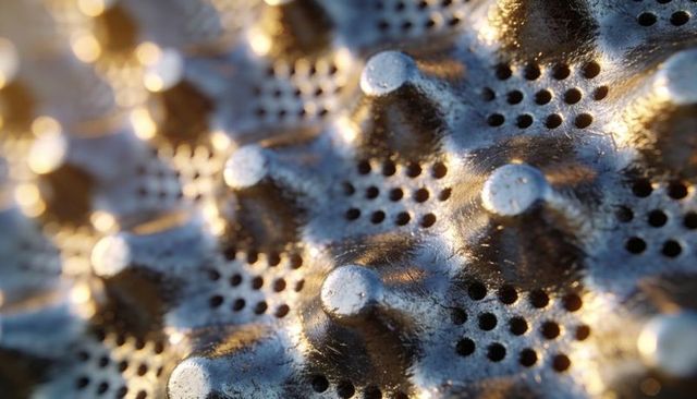 Worn metal panel showing conical studs and perforated macro texture with warm highlights