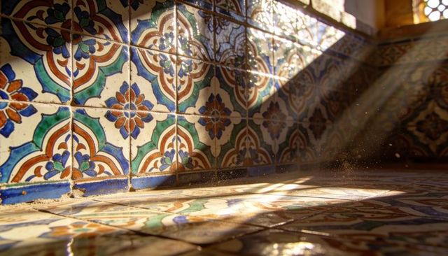 Sunlit moroccan-style ceramic tile corner casting dust motes across geometric mosaic pattern