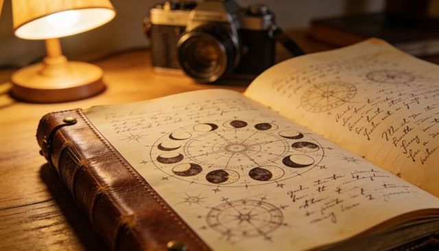 Glowing vintage leather journal showing lunar phase wheel, compass diagrams, cursive notes