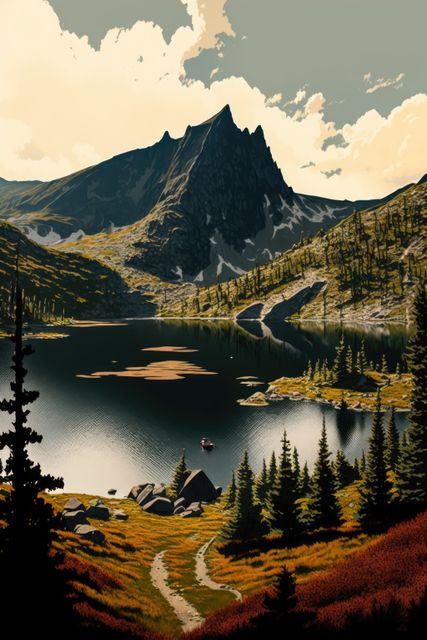 Beautiful scenic view of a mountain landscape with a crystal clear lake reflecting the surrounding peaks and dramatic clouds in the sky. Ideal for projects related to travel, adventure, nature themes, and outdoor activities. Perfect for promoting hiking destinations, nature conservation, and eco-tourism.