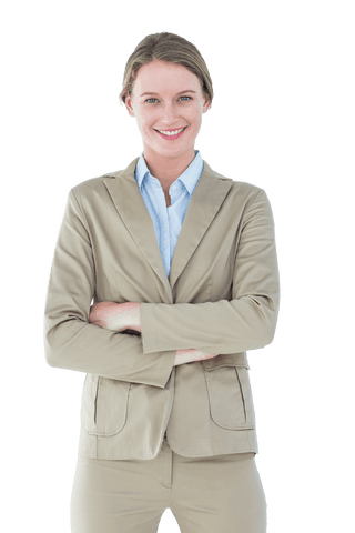Transparent Businesswoman Standing Smiling in Beige Suit Confidence