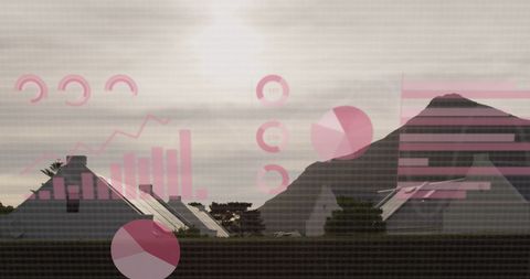 Digital Interface Over Houses and Mountains at Sunset