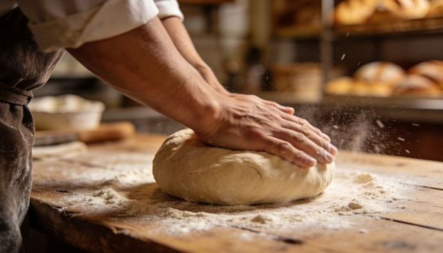 Baker Kneading Rustic Dough on Floured Wooden Bench with Fresh Loaves in Background