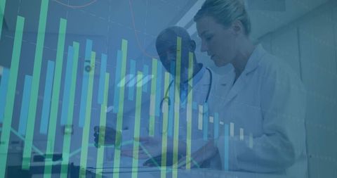 Doctors analyzing clinical data with chart overlay