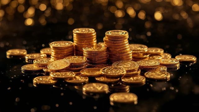 Golden cryptocurrency coin stacks reflecting on glossy black surface with warm bokeh