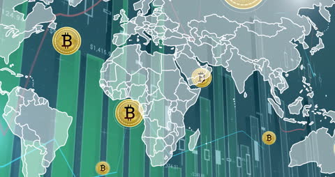 Global Bitcoin Finance on Map Background With Data Graphs