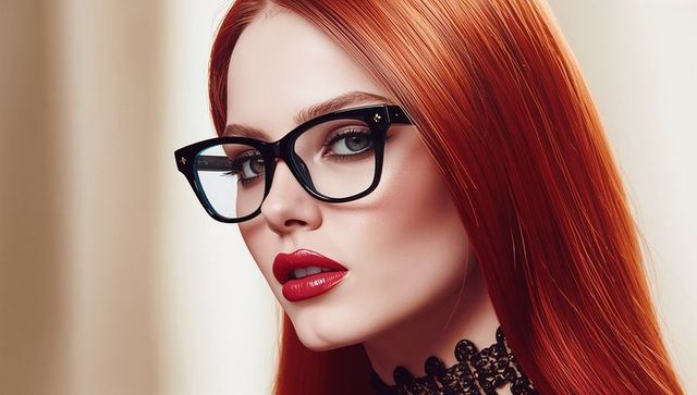 Stylish Redhead Model with Glasses and Lace Choker in Studio Portrait