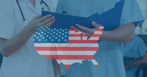 Healthcare Professionals Discussing Data with USA Map Overlay