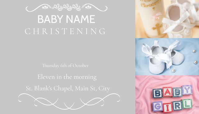 Pastel Christening Invitation with Baby Shoes and Blocks for Girl - Download Free Stock Templates Pikwizard.com