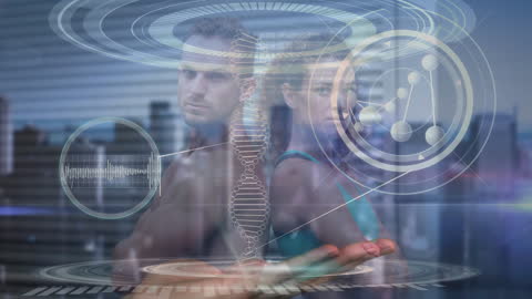Digital Fitness: DNA and Technology Overlaid on Active Duo in Urban Setting