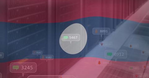 Data Flow Overlapping Laos Flag in Server Room Setting