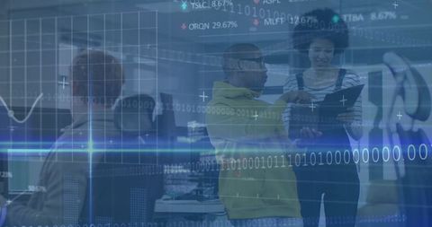 Diverse Professionals Analyzing Digital Data Streams in Tech Office