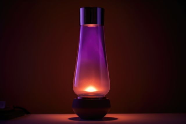 Purple and pink lava lamp on table in dark room at night, created using generative ai technology. Retro, psychedelic, relaxation and interior decoration lamp concept digitally generated image.