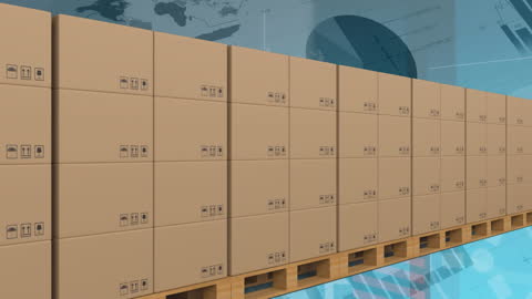 Cardboard Boxes with Financial Data Overlay Illustrating Global Shipping