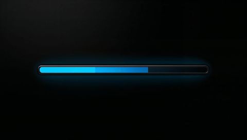 Minimal glowing cyan-blue progress bar loading on dark glossy interface