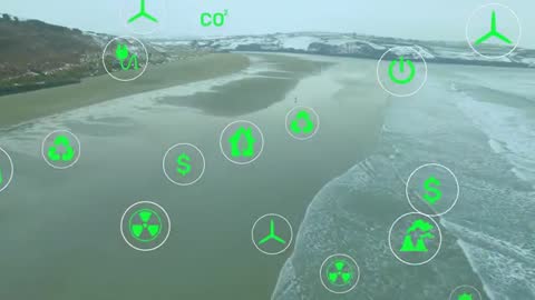 Drone aerial video visualizing CO2 and renewable energy icons drifting over coastline