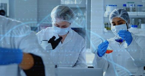 Laboratory scientists analyzing samples with microscope and colorful reagents, DNA overlay