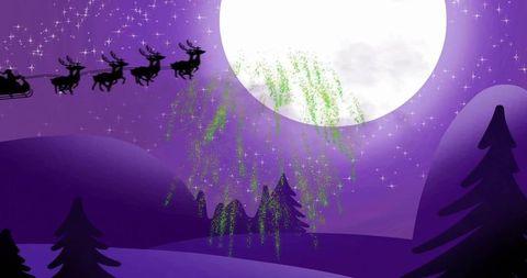 Moonlit sleigh flying under green aurora over purple winter hills and silhouetted forest
