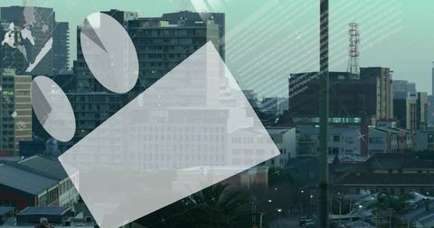Geometric overlay on urban skyline with translucent shapes, world map and data gridlines