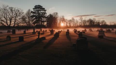 Misty Dawn Revealing Tranquil Cemetery Landscape