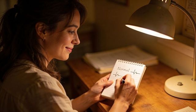 Smiling woman drawing 'normal' ecg waveform on notepad at wooden desk under warm lamp