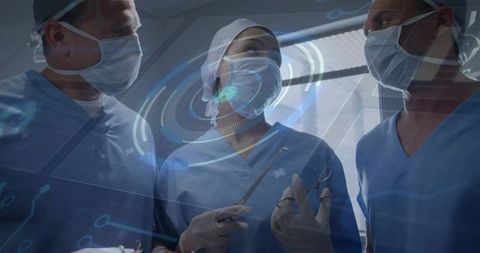 Surgical team performing operation with augmented reality hud overlay and digital guidance