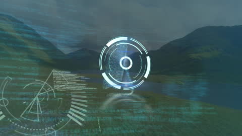Digital Data Interface and Clock Animation Over Natural Landscape