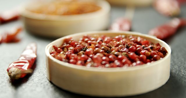Red peppercorns in wooden bowls placed on a table with dried chili peppers in the background. Suitable for articles or blog posts about cooking, ingredients, and spices. Perfect for use in food photography and culinary websites.