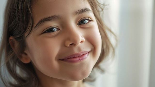 Smiling young girl posing near sunlit window conveying warmth and gentle childhood joy