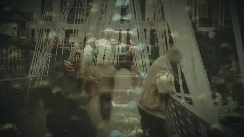 Man Using Smartphone with Overlaid Citycapes and Tech Elements