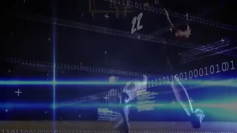 Male Basketball Player Driving and Dunking Through Futuristic Binary Data Overlay