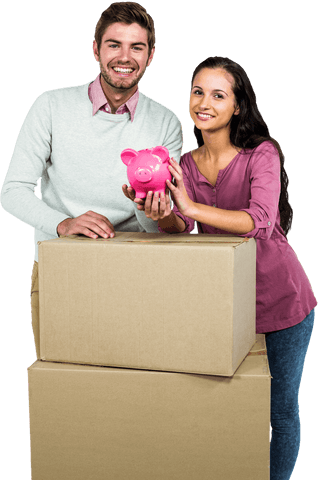 Smiling Couple with Piggy Bank on Cardboard Boxes Transparent