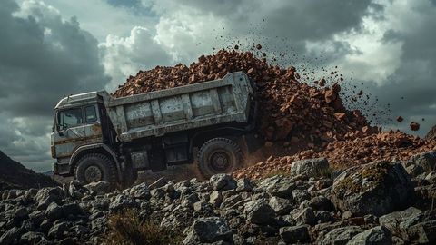 Dumper truck unloading rocks in a quarry