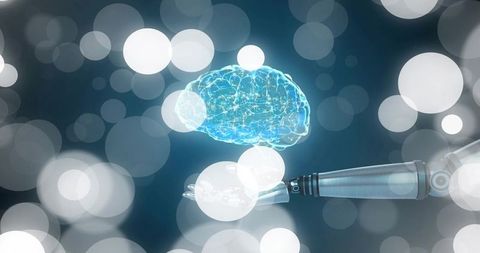 Holographic brain hovering above robotic arm with futuristic bokeh lights, neural network glow