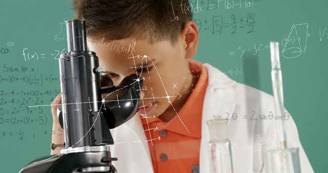Depicts a young boy intently examining a sample under a microscope in a science lab. Mathematical formulas and diagrams are superimposed, highlighting focus on scientific learning and discovery. Useful for promoting STEM education, school science programs, children’s scientific discovery, and educational content.