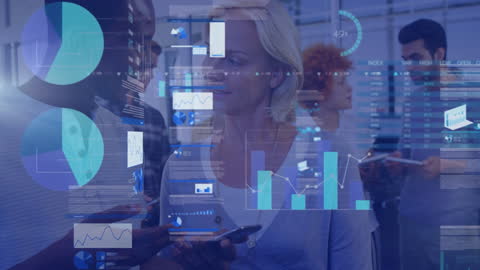 Business Team Analyzing Virtual Financial Data Visualizations