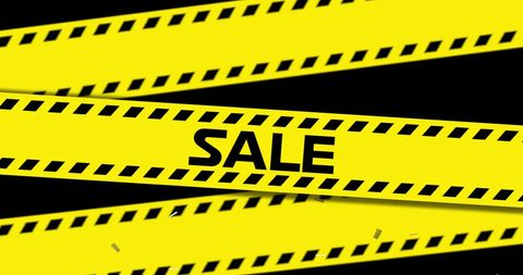 Yellow sale tape with falling confetti on black background