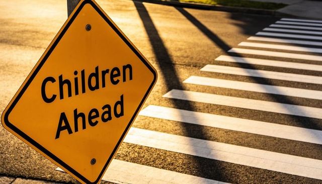 Children ahead warning sign alerting drivers at crosswalk casting long golden shadows