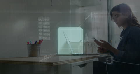 Woman Interacting with Technology and Digital Data Visualizations